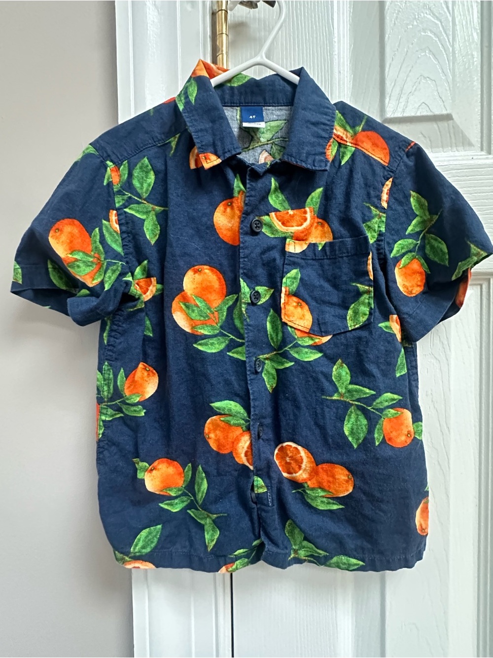 Old Navy Navy Short Sleeve Shirt with Orange & Green Citrus Print